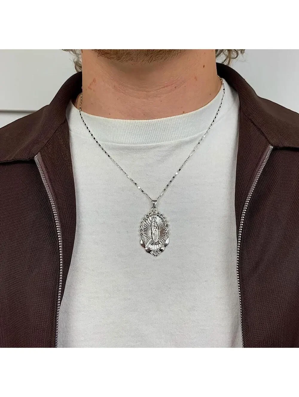 Silver Saint Marry rhinestone pendant y2k 90s style necklace chain. Grunge punk